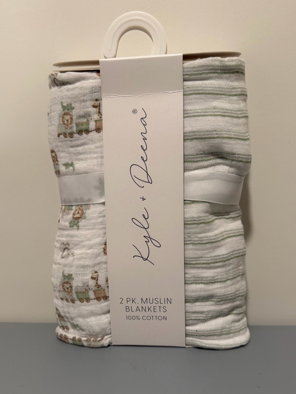 Kyle + Deena Muslin Baby Blanket Set - Green & White Safari Train 100% Cotton
